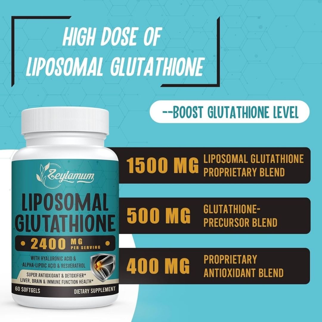 Zeylamum Liposomal Glutathione 2400mg with Hyaluronic Acid & Resveratrol – 60 Softgels