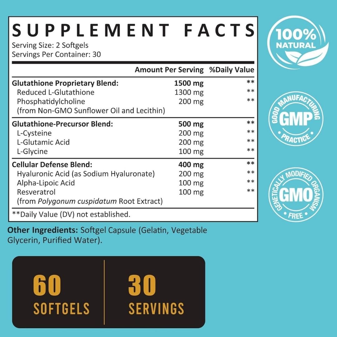 Zeylamum Liposomal Glutathione 2400mg with Hyaluronic Acid & Resveratrol – 60 Softgels