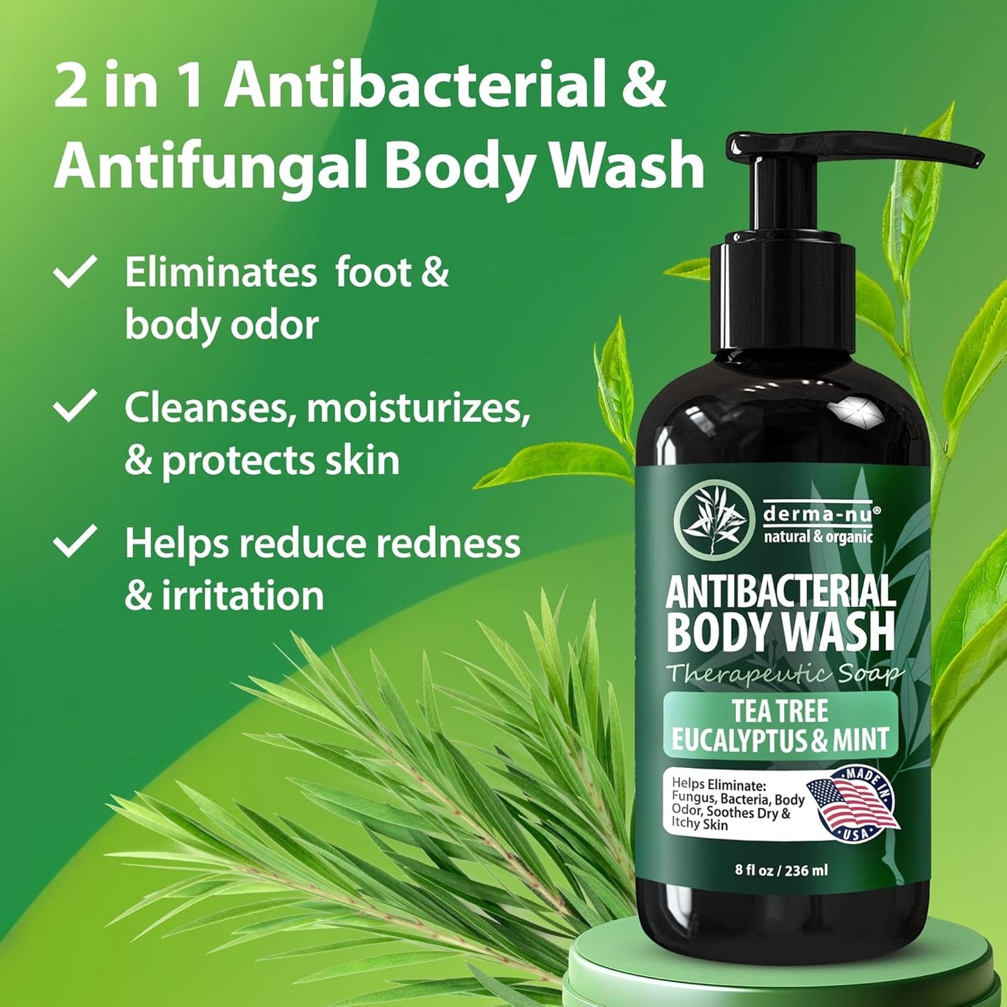 Derma-nu Antibacterial Body Wash - Tea Tree Soap for Jock Itch, Athlete’s Foot & Acne
