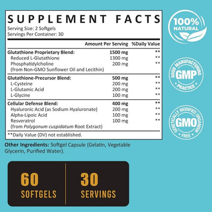 Zeylamum Liposomal Glutathione 2400mg with Hyaluronic Acid & Resveratrol – 60 Softgels