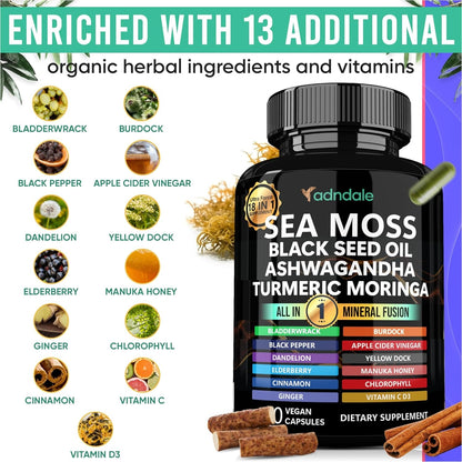 Adndale - Sea Moss Black Seed Oil Ashwagandha Ginger Capsules 18-in-1