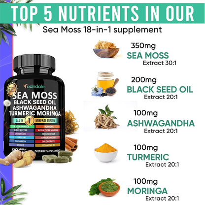 Adndale - Sea Moss Black Seed Oil Ashwagandha Ginger Capsules 18-in-1