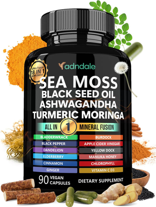 Adndale - Sea Moss Black Seed Oil Ashwagandha Ginger Capsules 18-in-1