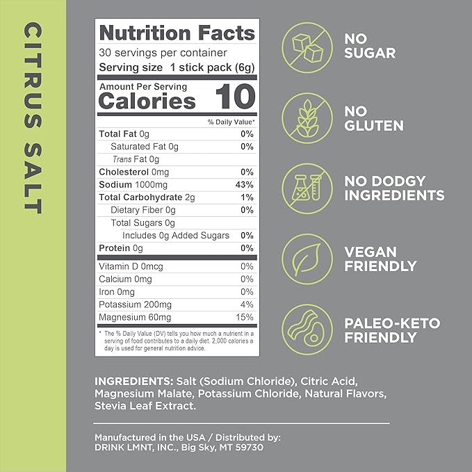 LMNT Zero Sugar Electrolytes - Ingredients| Drink Mix | 30-Count