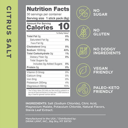 LMNT Zero Sugar Electrolytes - Ingredients| Drink Mix | 30-Count